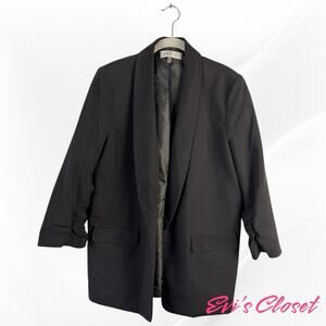 Kasper 3/4 Roused Sleeve Blazer Jacket Open Front Shawl Neckline Black Sz 12
